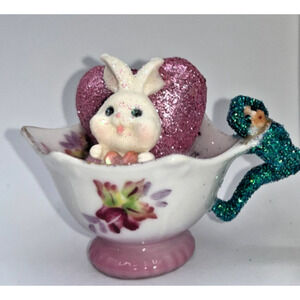 Vintage Valentine's Day Miniature Bunny in Teacup w/ Pixie & Glitter Heart OOAK